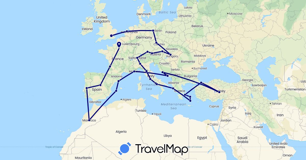TravelMap itinerary: driving in Austria, Switzerland, Czech Republic, Germany, Spain, France, United Kingdom, Greece, Croatia, Hungary, Italy, Morocco, Netherlands, Portugal, Turkey (Africa, Asia, Europe)