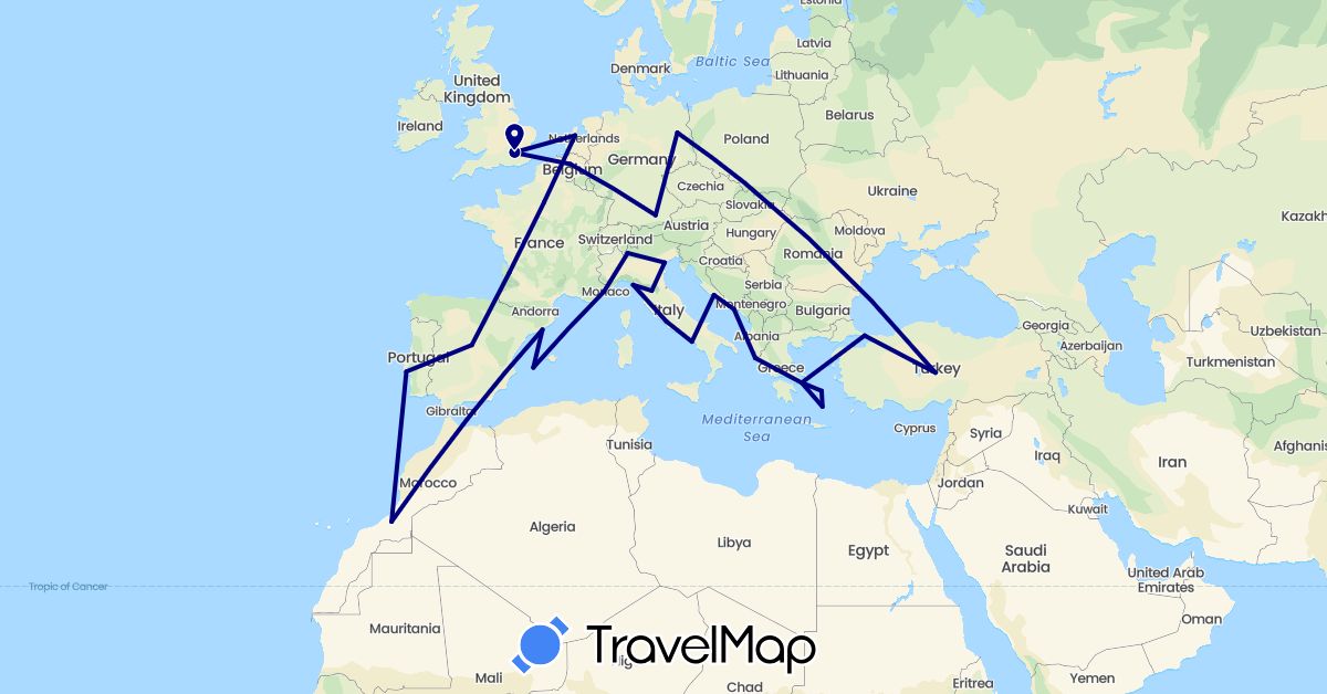TravelMap itinerary: driving in Belgium, Germany, Spain, France, United Kingdom, Greece, Croatia, Italy, Morocco, Netherlands, Portugal, Turkey (Africa, Asia, Europe)